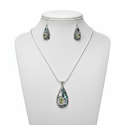 Abalone Shell insets with silver and Peridot Lotus Detail Earring and Pendant Set