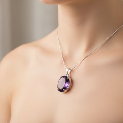 Amethyst Oval Gemstone Pendant In Sterling Silver