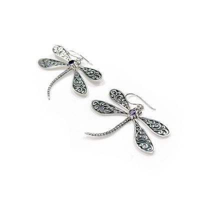 Silver Dragonfly Drop Earrings with Amethyst