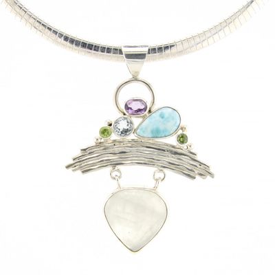 Multi Stone Larimar And Moonstone Pendant With Topaz, Peridot, Amethyst