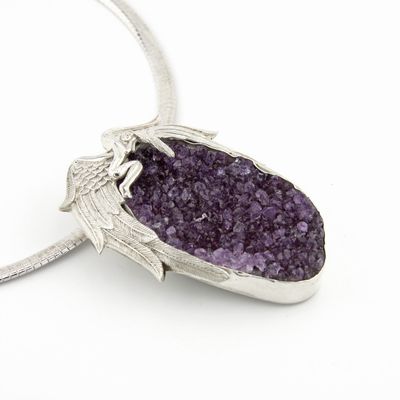 Large Amethyst Crystal Drusy Pendant with Silver Sleeping Angel Design
