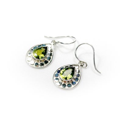 Peridot pear silver earrings with silver ball detail