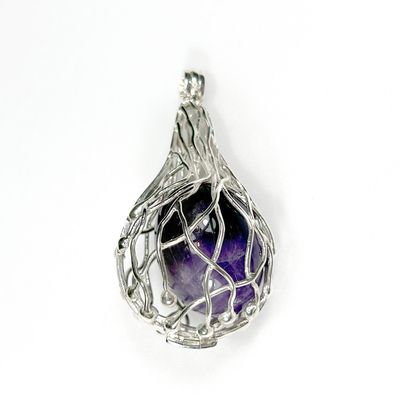 Silver Wire Crystal Cage with Necklet and Amethyst Crystal