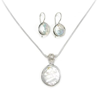 Coin Pearl Earring and Pendant Set in Sterling Silver