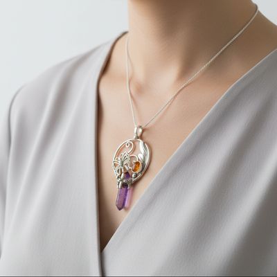 Amethyst Crystal And Carnelian Pendant