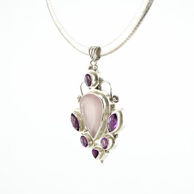 Large Pendant of Rose Quartz Gemstone surrounded by Amethysts in Silver