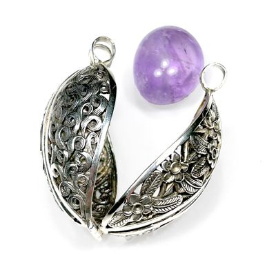 Silver Filligree Cage with Necklet and Amethyst Crystal