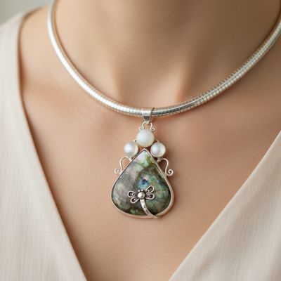 Labradorite Pendant With Moonstone And Silver Dragonfly