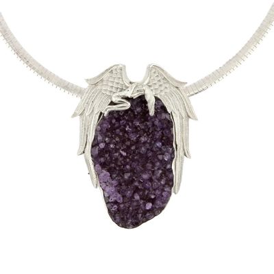 Large Amethyst Crystal Drusy Pendant with Silver Sleeping Angel Design