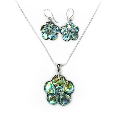 Abalone Shell Carved Flower earrings and Pendant Set