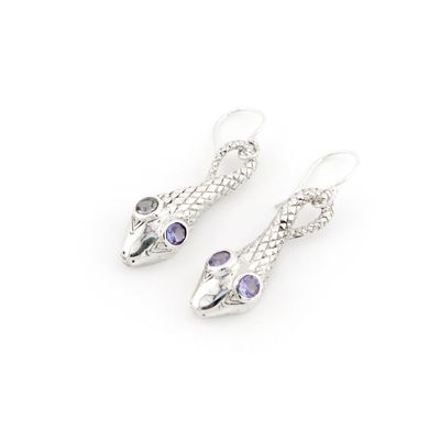 Tanzanite Eyes In A Silver Snake Design Drop Earrings