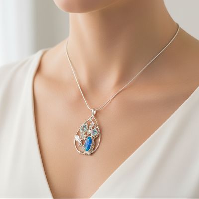 Australian Opal Doublet Pendant with Topaz and Silver Floral Design
