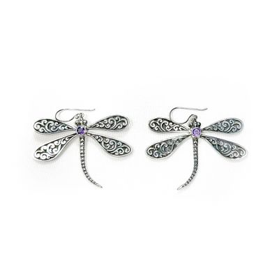 Silver Dragonfly Drop Earrings with Amethyst