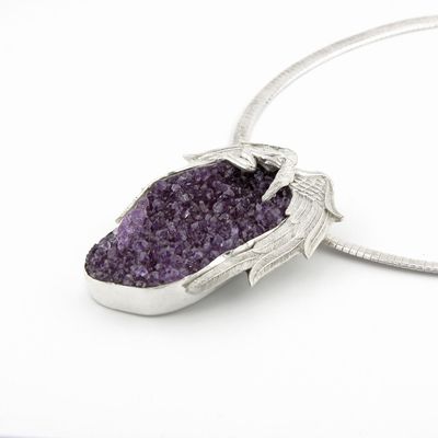 Large Amethyst Crystal Drusy Pendant with Silver Sleeping Angel Design