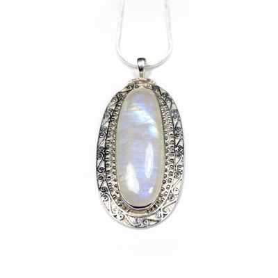 Large Oval Moonstone Pendant with Silver Detail