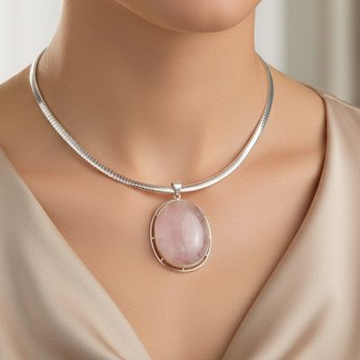 Large Oval Rose Quartz Cabochon Pendant In Sterling Silver