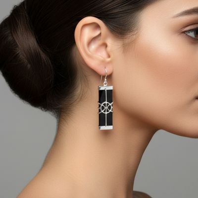 Onyx And Silver Designed Drop Earrings