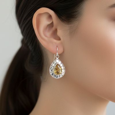 Citrine Drop Earrings Set With Circles Of Sterling Silver