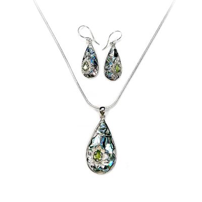 Abalone Shell insets with silver and Peridot Lotus Detail Earring and Pendant Set