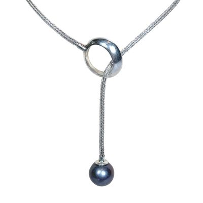 Black Freshwater Pearl with Adjustable Silver Lariat