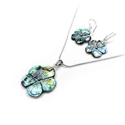 Abalone Shell Carved Flower earrings and Pendant Set