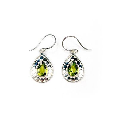 Peridot pear silver earrings with silver ball detail