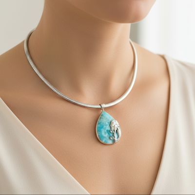Pear Shape Larimar Pendant with Silver Mermaid Detail and Topaz