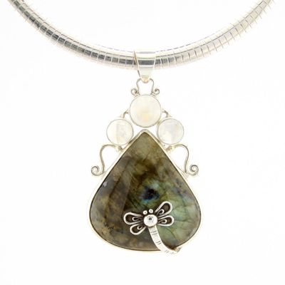 Labradorite Pendant With Moonstone And Silver Dragonfly