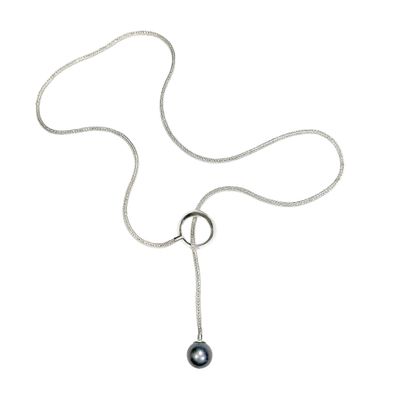Black Freshwater Pearl with Adjustable Silver Lariat