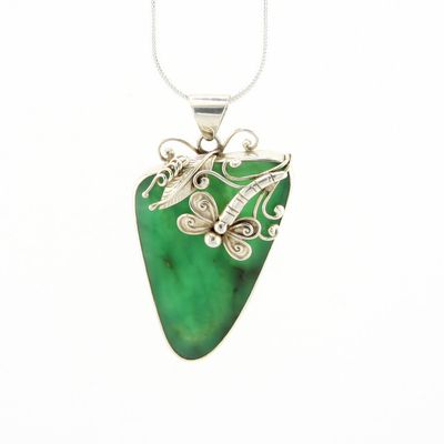 Australian Chrysoprase Pendant With Silver Dragonfly Detail