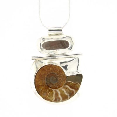 Ammonite Fossil Pendant Set In Contemporary Silver Design