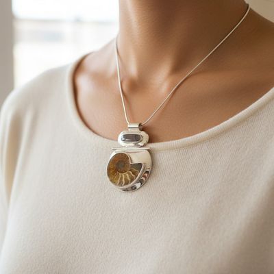 Ammonite Fossil Pendant Set In Contemporary Silver Design