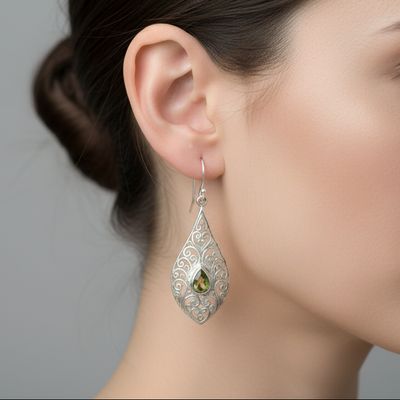 Peridot In Silver Filligree Drop Earrings