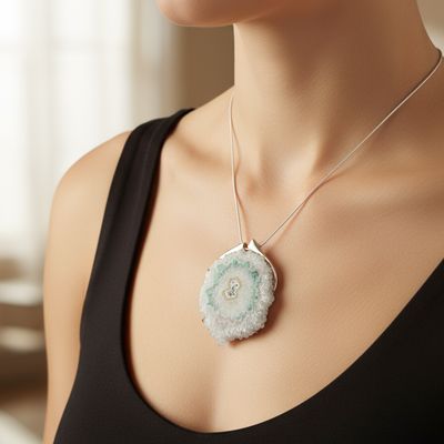 Large Rare Green Apophyllite in Clear Quartz Stalictite Slice Pendant set in Silver