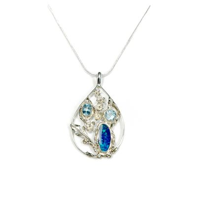 Australian Opal Doublet Pendant with Topaz and Silver Floral Design