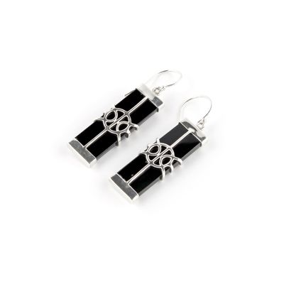 Onyx And Silver Designed Drop Earrings