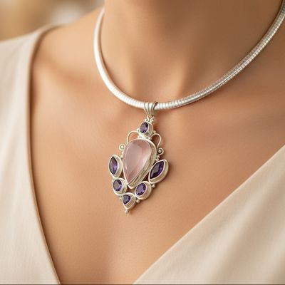 Large Pendant of Rose Quartz Gemstone surrounded by Amethysts in Silver