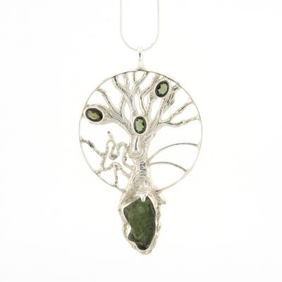Moldavite Tree of Life Pendant with Rough and Faceted gem Moldavite