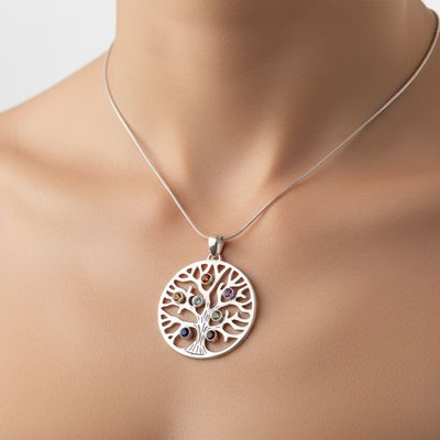 Chakra Tree Of Life Silver Pendant With 7 Chakra Gemstones
