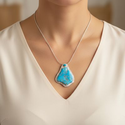 Arizona Rough Turquoise Pendant set in Hammered Silver with Turquoise Cabochon.