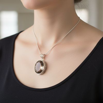 Smokey Quartz Gemstone Pendant With Silver Detail