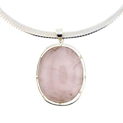 Large Oval Rose Quartz Cabochon Pendant In Sterling Silver