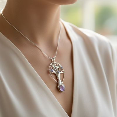 Amethyst Tree Of Life Pendant In Sterling Silver