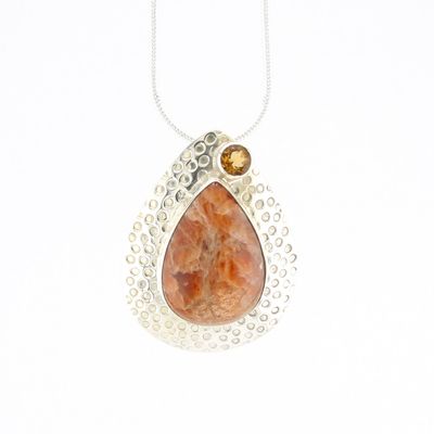 Sunstone And Citrine Pendant In Hammered Silver Design